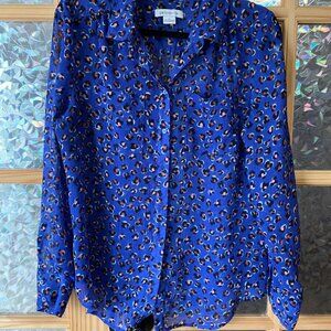 Liz Claiborne Blue Leopard Print Button Up Sz L Preppy Romantic Y2K Cottage Boho